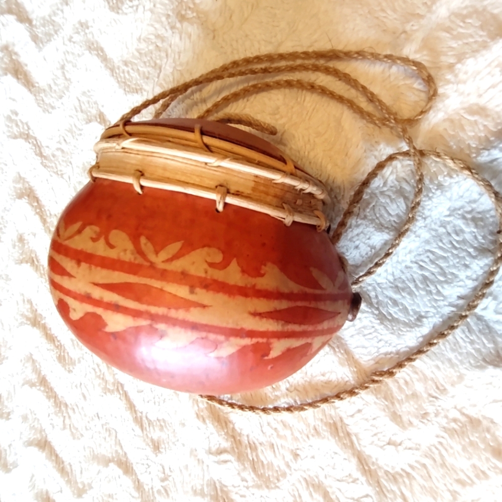 Vintage Hand Carved and Jute Hand Sewn Coconut Shell Purse